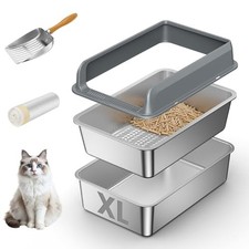 Stainless Steel Sifting Litter Box with Lid,Extra Large Metal Sifting Cat Lit...