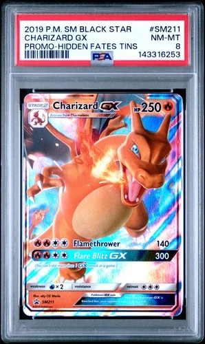 2019 POKEMON SM BLACK STAR PROMO HIDDEN FATES TINS #SM211 CHARIZARD GX PSA 8