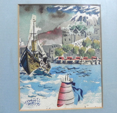 Attributed Jake Lee 1915-1992 sm. watercolor painting harbor mountain landscape 