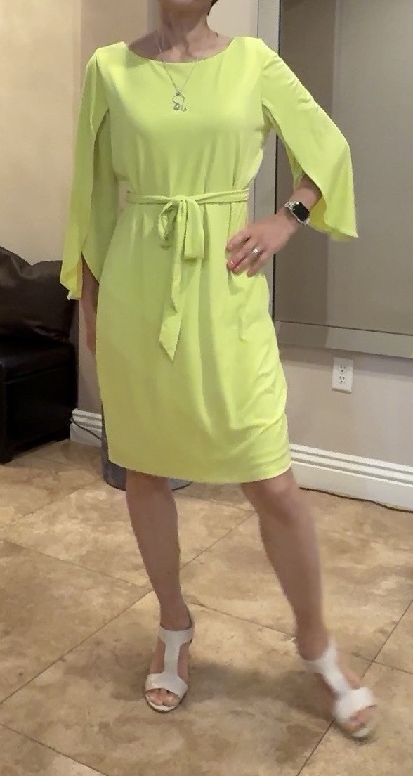 Calvin Klein Dress, Lime Color Jersey Sheath, Belted, Flutter Sleeve, Size 8