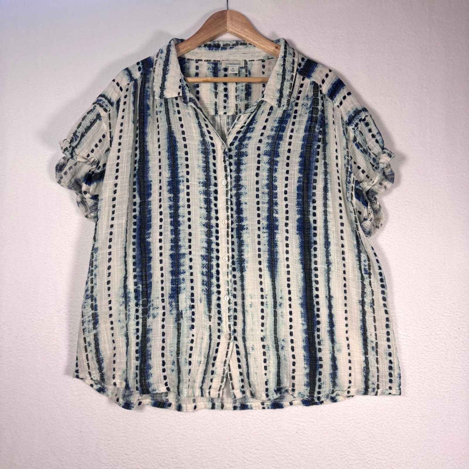 Sundance Tops Womens Collared Button Front Shirt Boho Artsy White Blue Casual XL