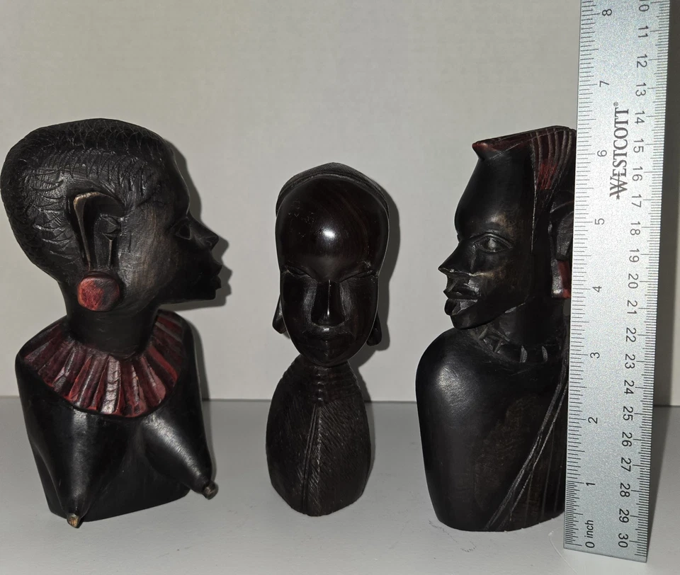 Escultura de madera tallada a mano busto africano vintage cabeza tribal madera ébano africano Foto 2 de 4