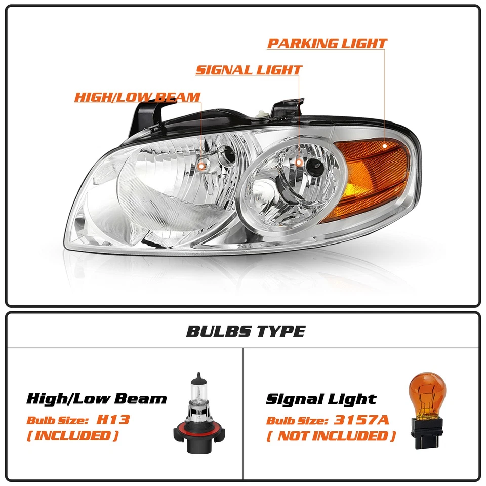 For 2004 2005 2006 Nissan Sentra Sedan Chrome Headlights Left+Right 04 05 06 - Image 2 of 4