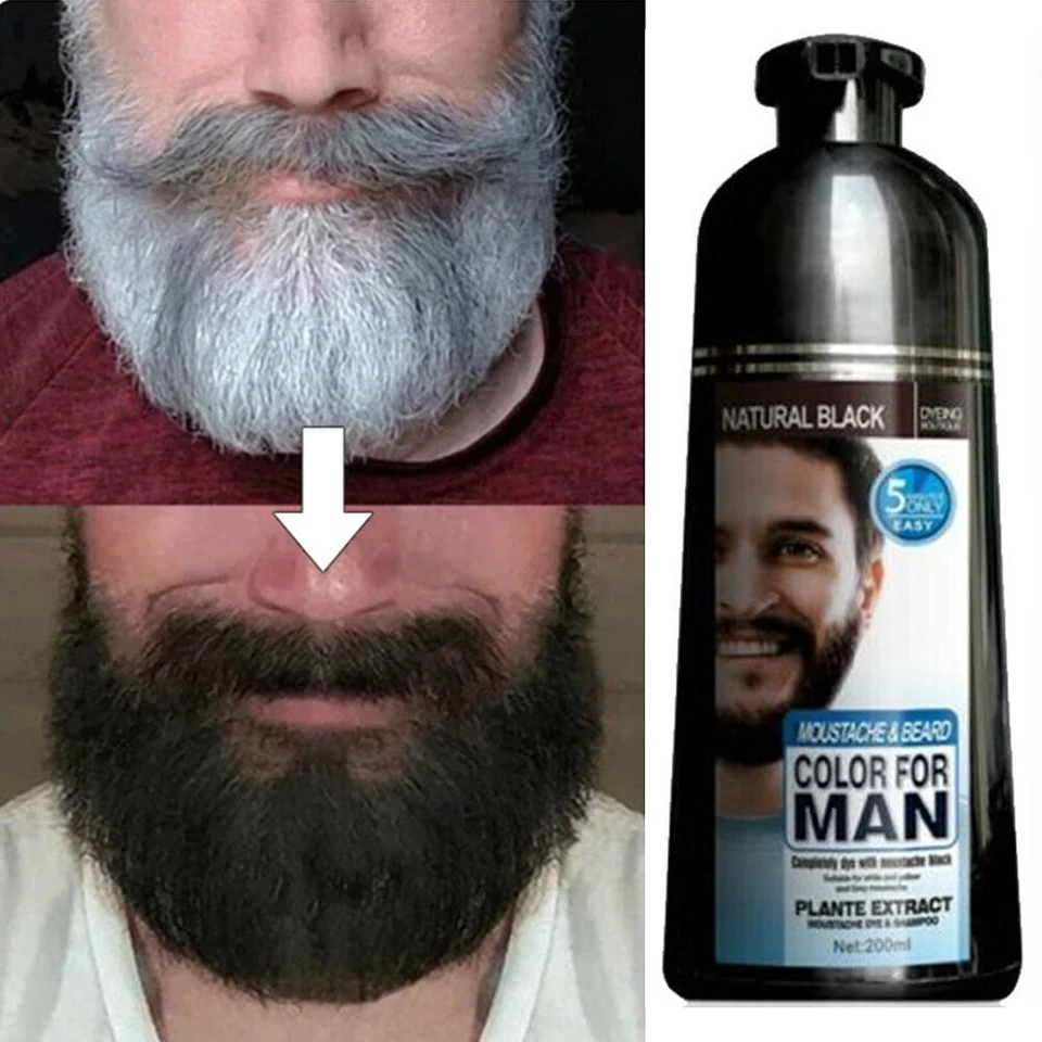 Champú para hombre 2 en 1 barba bigote color cabello natural tinte negro permanente 200 ml Foto 3 de 4