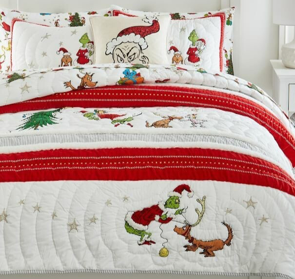 Pottery Barn Kids Teen GRINCH Twin Embroidered Quilt & Sham SET Dr. Seuss EUC