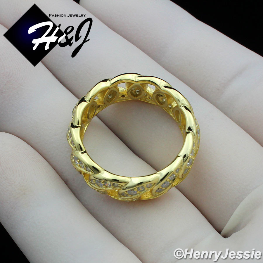 MEN 925 STERLING SILVER FULL CUBIC ZIRCONIA 10MM GOLD PLATED CUBAN CURB ...