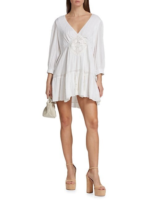 free people crochet mini dress Free People Sedona Crochet Mini Dress Small Taupe Brown Bell Sleeves Lined