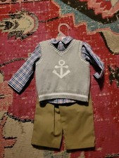 NEW NWT George 6-9 mo boys 3 piece outfit set Anchor vest plaid shirt khaki pant