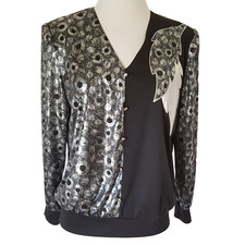 Vtg 70s 80 Disco Party Shirt Top Size 12 L Shiny Silver  Black Glam Clubwear