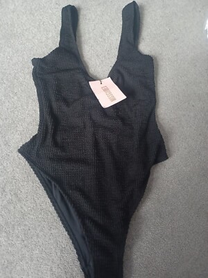 Missguided Black Crinkle Square Neck Low Back Swimsuit Size