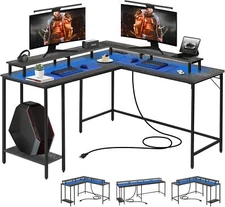 Panana L Shaped Computer Desk Gaming Desk with LED Lights and Power Outlets