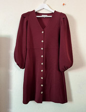Texture & Thread Madewell Puff Sleeve Button Front Dress Small Burgundy Stretch