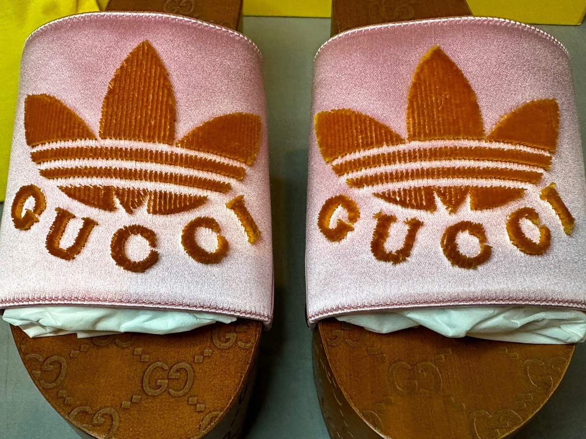 Gucci x Adidas GG Pink Satin Platform Sandals Clogs Women's Gucci x Adidas GG Pink Satin Platform Sandals Clogs Women's