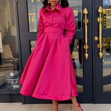 Plus Size Women's Autumn Casual Skirt Long Dress Long Sleeve A-Line Flowy Dress
