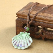 Ceramic Shell Pendant Necklace Scallop Beach Blue Green Adjustable Ocean Jewelry