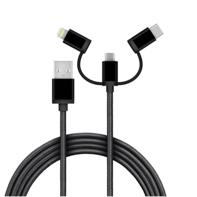 3 in 1 USB Daten & Lade Kabel Micro USB USB-C 8 PIN Stecker 0,5 m schwarz Click