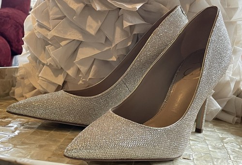 💠SAM EDELMAN Nocciola 7 decolte tacco oro chiaro/argento maglia scintillante SPEDIZIONE GRATUITA - Foto 5 di 18