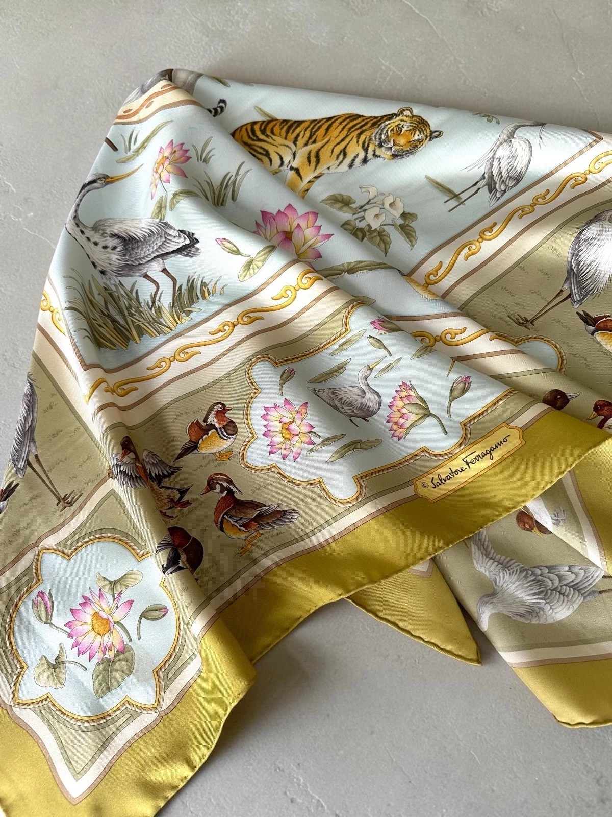salvatore ferragamo vintage silk scarf rare tiger lotus birds pastel tone
Opens in a new window or t