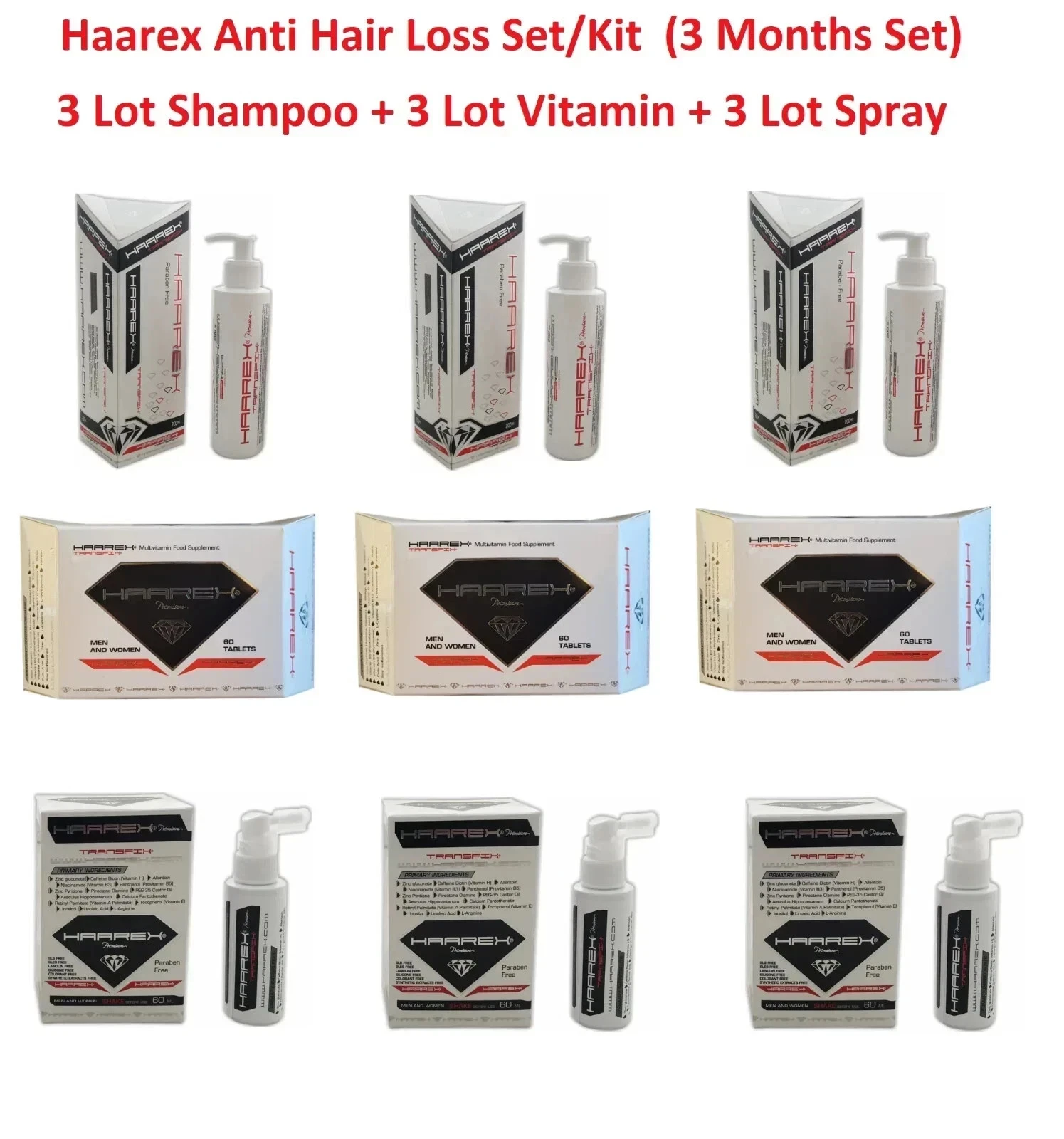 3 LOT Haarex Anti Hair Loss Kit (3 Lot Shampoo + 3 Lot Vitamin + 3 Lot Serum)