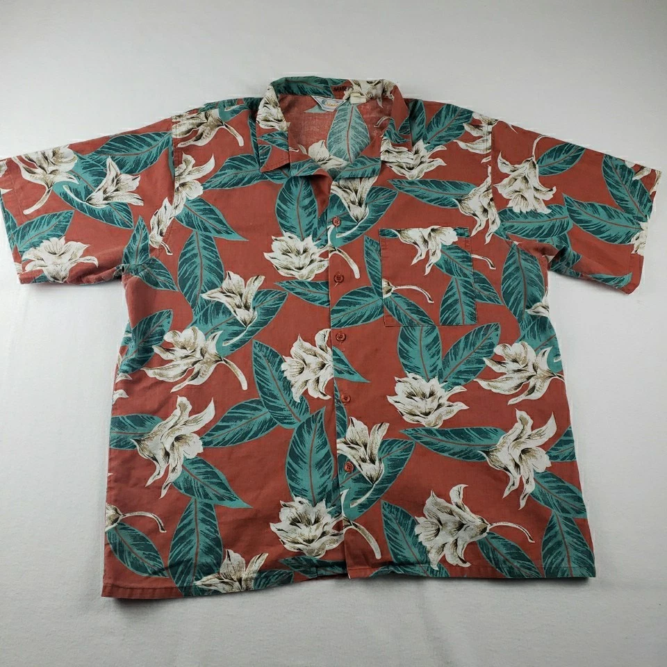 Islander Hawaiian Shirt XXL Orange Tropical Floral Print Aloha Summer