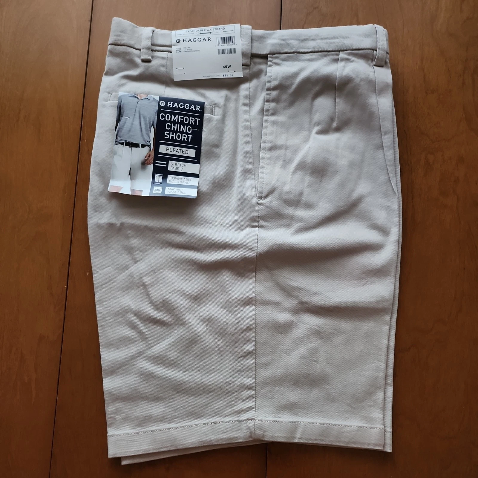 Haggar Mens Comfort Chino Shorts Pleated Khaki Tan Size 40W ($50.00)