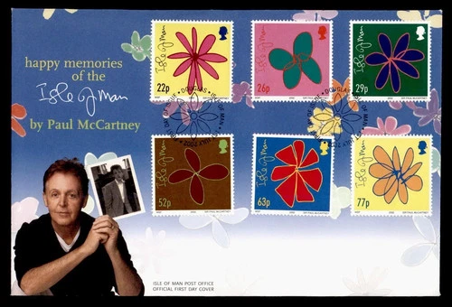 THE BEATLES SIR PAUL MCCARTNEY DESIGNED FLOWER STAMPS ISLE OF MAN  2002 FDC UNAD