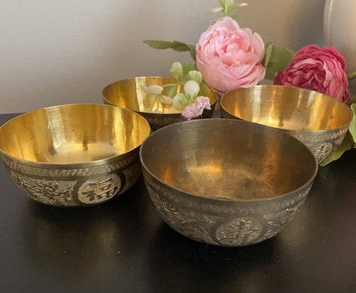 Vintage Small Chinese Engraved Dragon Oriental Brass Bowl 3.5” Wide Set Of 4