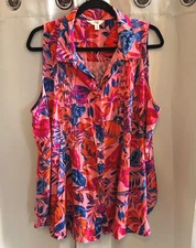 Terra Sky Womens Top Size 1X Tropical Floral Button Pleated Vacation Boho 17545x