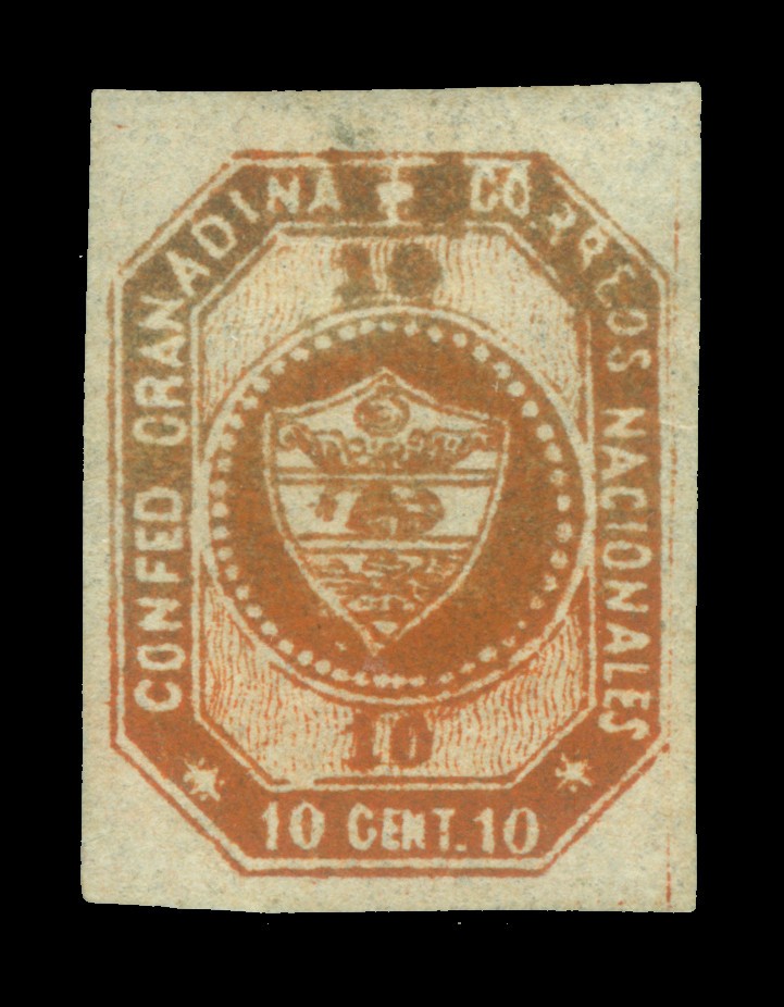 COLOMBIA 1859 Coat of Arms 10c red brown  Scott # 4 mint MH VF