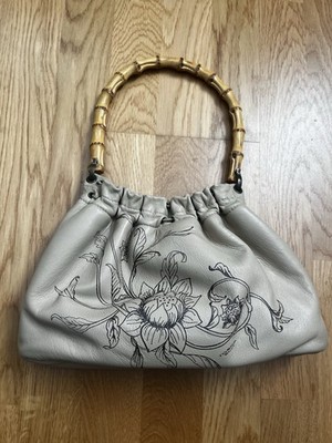 Tosca Blu Lederhandtasche Beige mit Holzgriffen und Blütendruck NEU