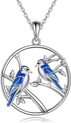925 Sterling Silber zwei blaue Eichelhäher Vogel Halskette Anhänger Schmuck Geschenk für Frauen