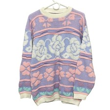VTG 80s Bows Roses Tulips Pastel Kawaii Fairy Kei Knit Sweater AOP Grandma L