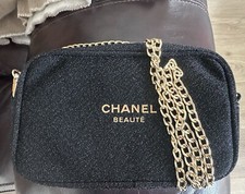 Chanel Beaute Black Shimmer Cosmetic Bag Purse with Chain   Chanel Beauty Gift