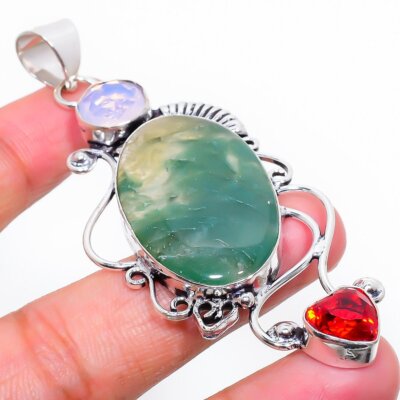Vasonit, Granat Edelstein Handarbeit 925 Sterlingsilber Schmuck Anhänger 2,96'' t07