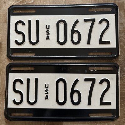 Vintage Black & White US Military Forces License Plate Set Pair