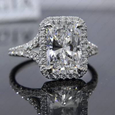 3.87Ctw Radiant Moissanite Halo Split Shank Engagement Ring 14K White Gold Over