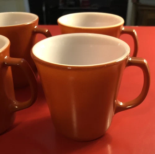 Set of 4 Vintage Pyrex Corning Burnt Orange Tan 10 oz Coffee Mugs/Cups
