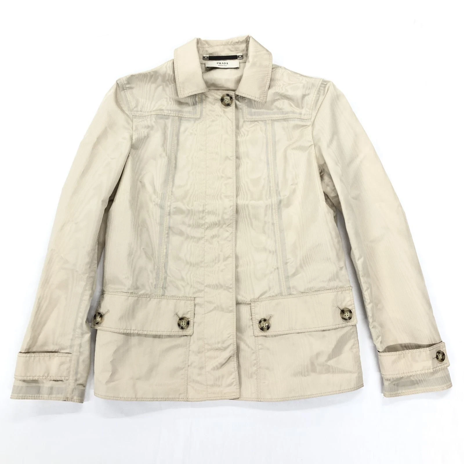 Giacca leggera PRADA donna beige seta nylon con cappuccio e cintura in vita