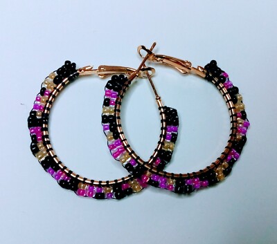 Handmade Pink and Black Beaded Hoop Earrings UK