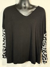 Knit V Neck Black Top With Leopard Sheer Slee...
