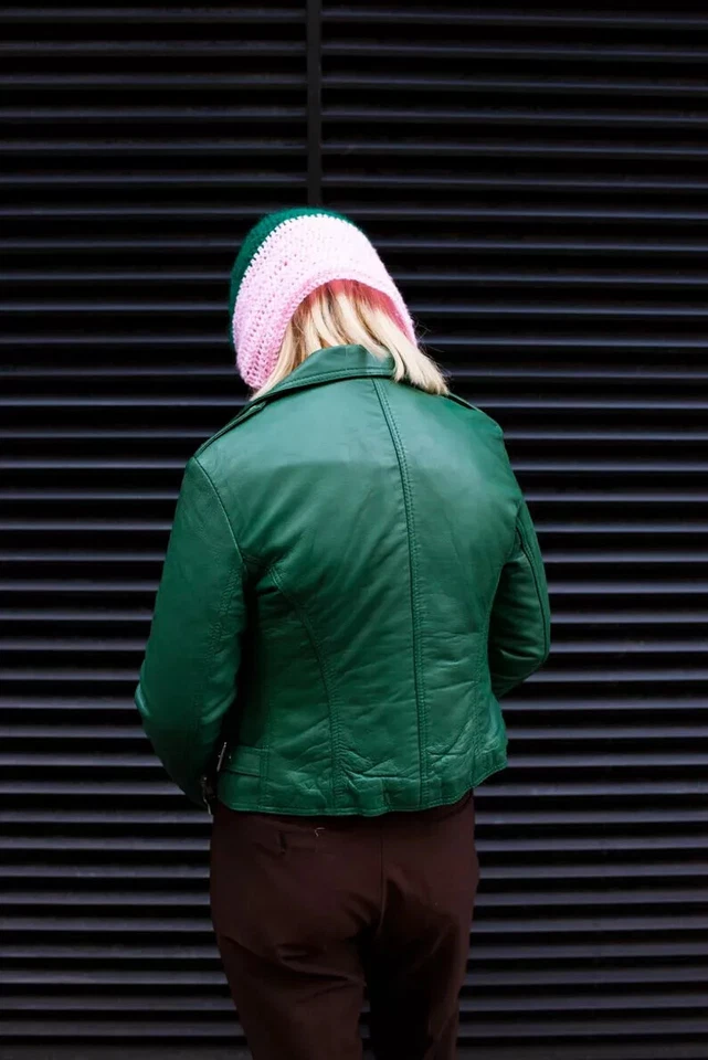 Elegante Chaqueta de Cuero de Cordero Genuino Verde Hecha a Mano Motociclista Moto Informal Foto 4 de 4