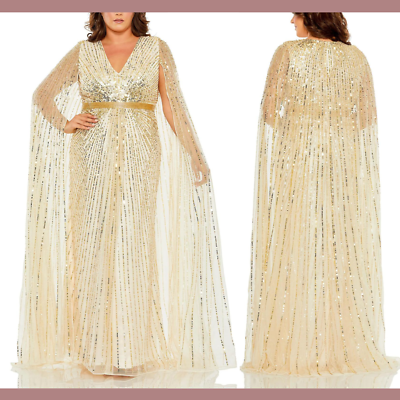 mac duggal gold dress sale NEW $798 [ 16W ] 5804 Cape Sleeves Sequined V Neck Gown #J1939 BRIDAL DROP 1