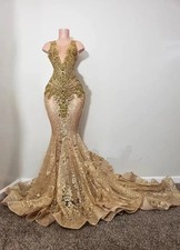 Glittle Gold Long Prom Dresses Luxury Mermaid Bead Formal Evening Party Gowns
