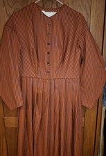 Civil War Victorian Cotton Day Dress Handmade Rust-Orange Stripe - L