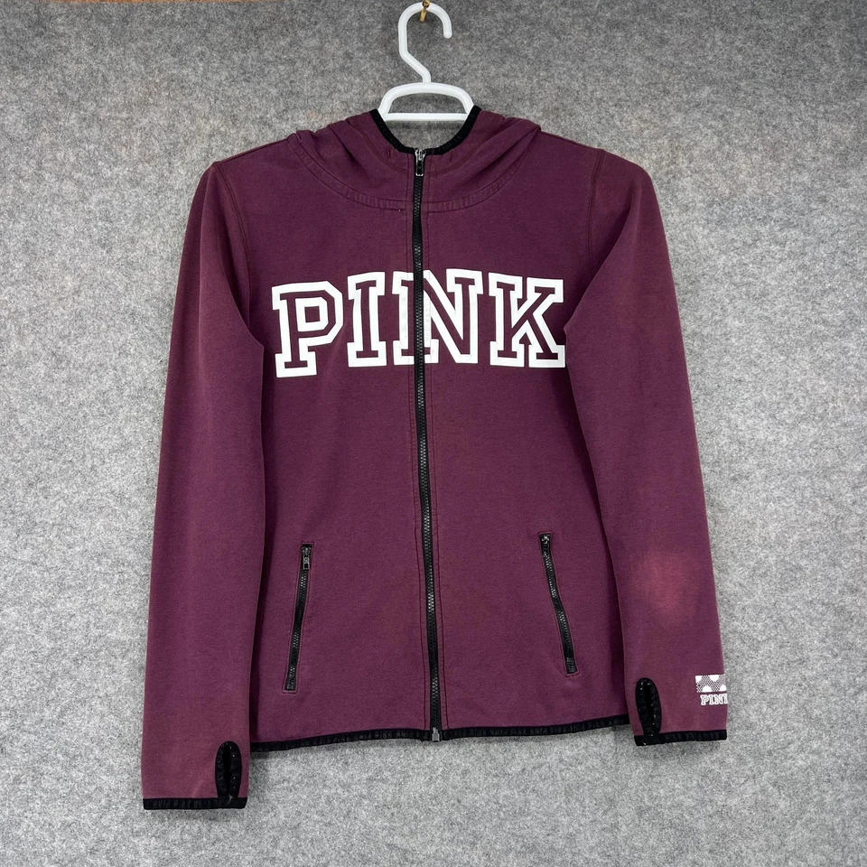 ROSA Victoria's Secret Sudadera con Capucha Mujer Grande Borgoña Cremallera Completa Logotipo Agujero para el Pulgar Foto 2 de 4