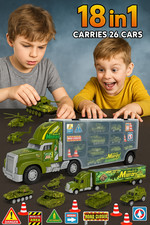 18-in-1 Military Army Toy Transport Truck Playset Car Carrier Holds 26 Vehicles