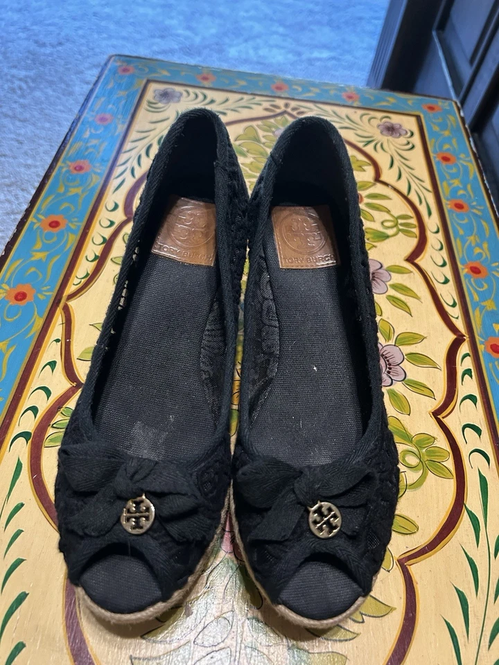 Tory Burch Jackie Wedges Black Sandals shoes Espadrilles Women's Size 9 B Bow - Image 2 of 4