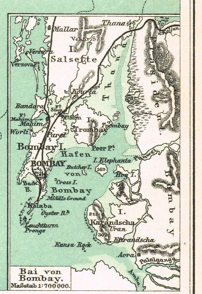 Mumbai Mumbaī Bombay  INDIA  ANTIQUE VINTAGE ORIGINAL MAP dated 1905 Maharashtra - Image 3 of 4