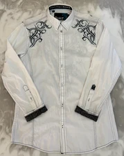 Roar Shirt XL White Embroidered Cotton Spandex contrast cuff designed 4 Buckle