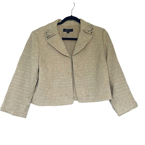 Tahari Luxe Gr. 16 Metallic Jacke Creme Gold Schimmer Perlen 3/4 Arm Damen
